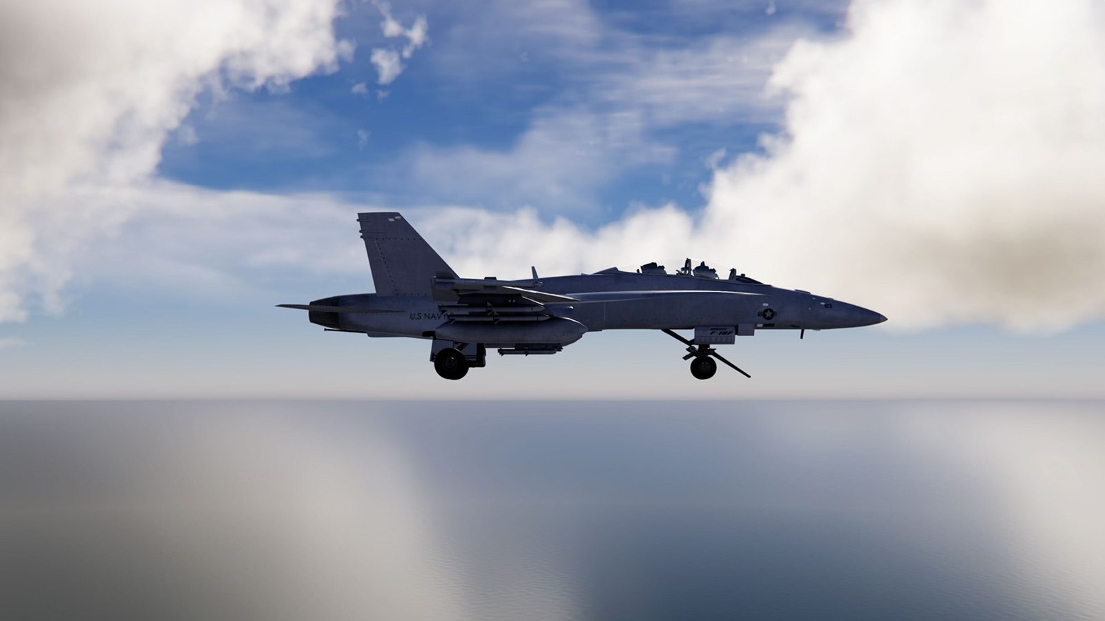An F/A-18 over open water beneath HDRP volumetric clouds